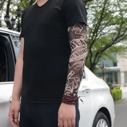 Falska tillfälliga tatueringsärmar Vuxna Kvinnor Män Slip on Elastiska Armstrumpor Unisex Party Halloween Tattoo Biker Sun Block 1 Par-GKK029><noscript><img width=
