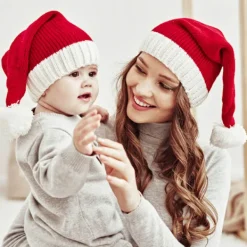 Familjematchande tomteluva, mamma och baby, julstickad mössa, par> Huvudbonader