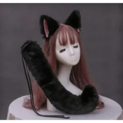 Faux päls varg öron pannband och lurvig anmimal lång svans set Halloween fest anime lolita maskerad cosplay kostym（svart vit）> Huvudbonader