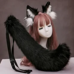 Faux päls varg öron pannband och lurvig anmimal lång svans set Halloween fest anime lolita maskerad cosplay kostym（svart vit）><noscript><img width=
