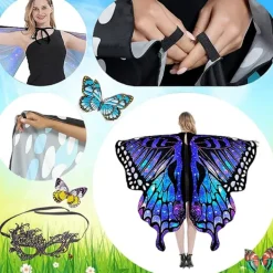 Fjärilsdräkt för kvinnor, Halloween-dräkt kappa med huva, fjärilsvingar för utklädning, karnevaldräkt för kvinnor med ansiktsmask><noscript><img width=
