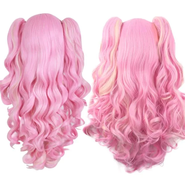 Flerfärgad Lolita Lång Lockig Clip On Hårförlängning Cosplay Peruk (Rosa/Blond)> Peruker