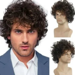 Fluffig kort lockig peruk för män - Trendig kort lockig peruk - 28cm> Peruker