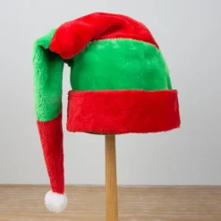 /#/Förlängd röd och grön randig plysch julhatt/#/> Huvudbonader