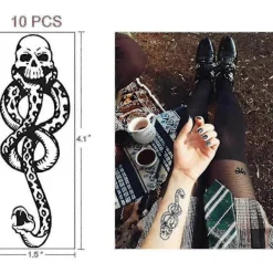 Förpackning med 10 Magiska Förbannade Ormskalle Svart Etikett Dödsätare Temporära Tatueringar> Smink