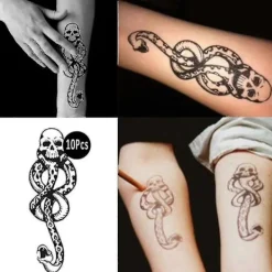 Förpackning med 10 Magiska Förbannade Ormskalle Svart Etikett Dödsätare Temporära Tatueringar><noscript><img width=