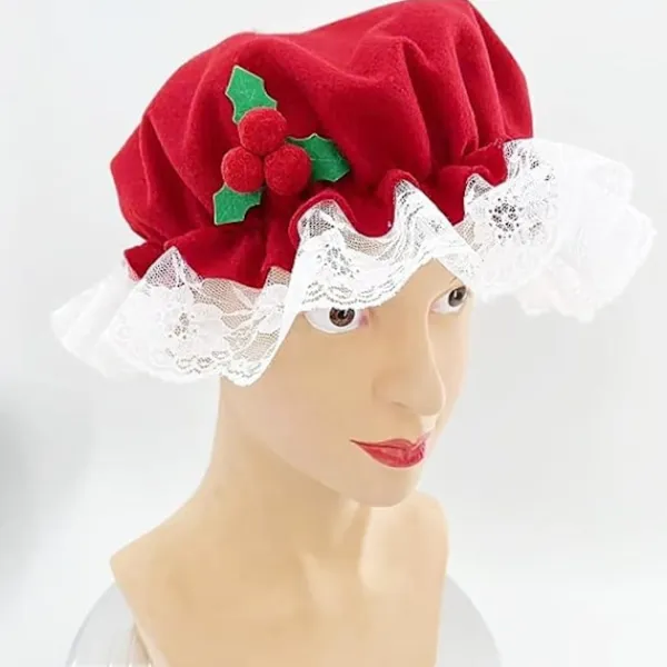Fru Claus hatt, tomtemor mössa, juldräkt accessoarer spets vit trim hatt elastiskt band för vuxna jul nyår> Huvudbonader