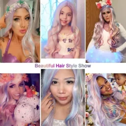 Full Lång Lockig Vågig Regnbågsperuk, Värmebeständig Peruk för Musikfestival, Temafester, Bröllop, Konserter, Dejting, Cosplay & Mer><noscript><img width=