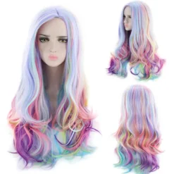 Full Lång Lockig Vågig Regnbågsperuk, Värmebeständig Peruk för Musikfestival, Temafester, Bröllop, Konserter, Dejting, Cosplay & Mer><noscript><img width=