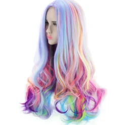 Full Lång Lockig Vågig Regnbågsperuk, Värmebeständig Peruk för Musikfestival, Temanfester, Bröllop, Konserter, Dejting, Cosplay & Mer> Peruker
