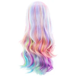 Full Lång Lockig Vågig Regnbågsperuk, Värmebeständig Peruk för Musikfestival, Temanfester, Bröllop, Konserter, Dejting, Cosplay & Mer><noscript><img width=