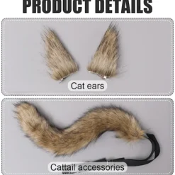 Fuskpäls Katt Räv Varg Luddig Svans och Klämma Öron för Halloween><noscript><img width=