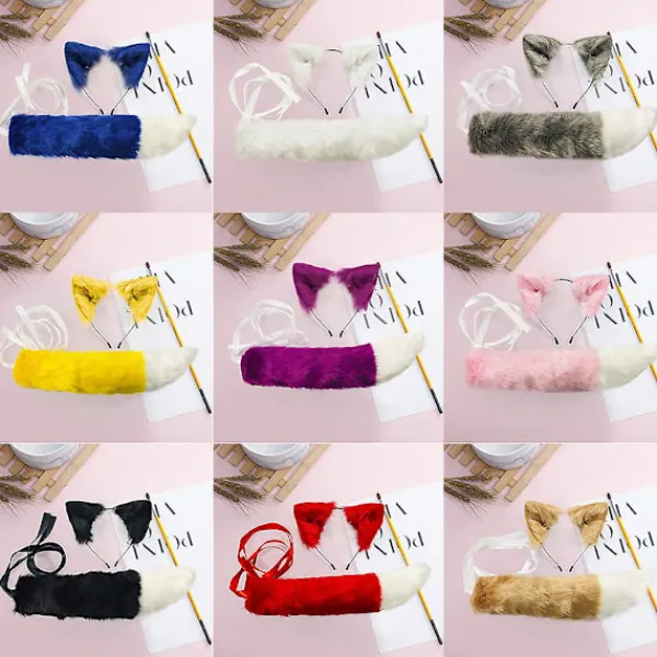 Fuskpäls Kattunge Varg Öron Hårband Lång Svans Set Godisfärg Anime Utklädnad Djur Cosplay Kostym Halloween Fest Rekvisita> Tillbehör