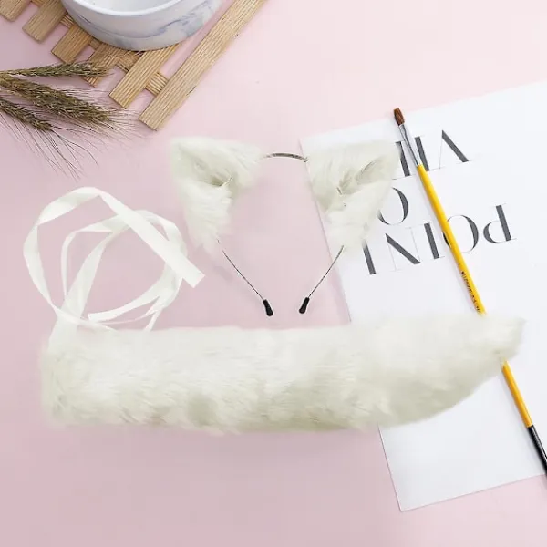 Fuskpäls Kattunge Varg Öron Hårband Lång Svans Set Godisfärg Anime Utklädnad Djur Cosplay Kostym Halloween Fest Rekvisita> Tillbehör