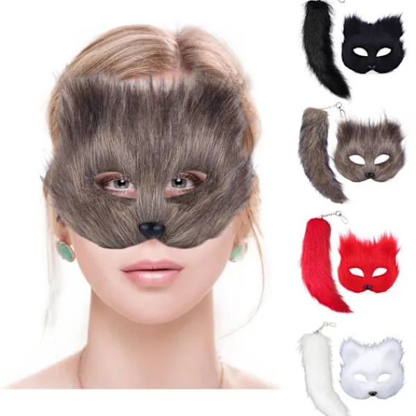 Fuskpäls Rävsvans Kattmask Therian Mask och Svans Halloween Cosplay Party-WELLNGS Svart> Tillbehör
