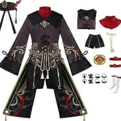 Genshin Impact Hu Tao Cosplay Kostym Outfit Spel Nationell Stil Lång Svans Tofsar Klänning Byxor Uniform Set Halloween -NMAOV( 2XL)><noscript><img width=