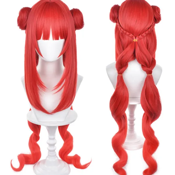 Genshin Impact NiLou BREEZE OF SABAA Peruk Anime Kostym Långt Rött Vågig Hår med Bun och Fläta Hästsvans för Kvinnor Halloween Familjefest> Peruker