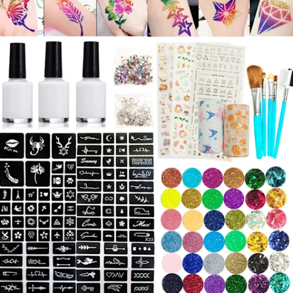 Woosien Glitter Tattoo Kit Temporärt Set 24 Färger 93 Mönster Mallar Kropp Nagelkonst Målarfärg Party Makeup> Smink
