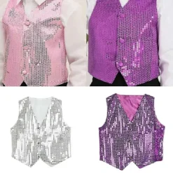 EURL Glitterväst för fest, unisex, färgstark, barn, ärmlös, paljettväst Svart XL> Tillbehör