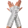Glittrande fingerlösa långa handskar för kvinnor, silver, lämpliga för kostymer> Tillbehör