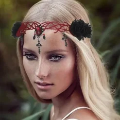 Gotisk Blommig Huvudbonad Halloween Hårband Vampyr Cosplay Kors Huvudbonad Hårclips Maskerad Cosplay Hårband för Kvinnor och Flickor><noscript><img width=