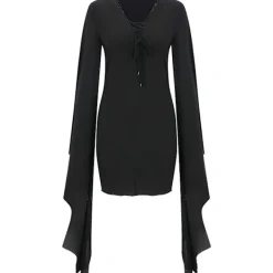 Gotisk Klänning för Kvinnor med Batvingärmar Halloween Kostym Svart Steampunk Miniklänning Vampyr Cosplay Häxkostym XL><noscript><img width=