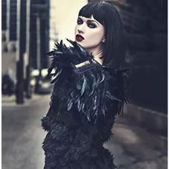 Gotisk svart fjäderkappe halsduk epaulettfjädrar axelvinge manlig kostym kvinnor><noscript><img width=