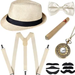 Grå 1920-tals herr beige färg Maskerad tillbehör Gangster Flapper Set Great Gatsby Kostym Kit 1920-tal med Trilby Hatt Mustasch elastiska hängslen> Tillbehör