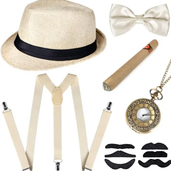 Grå 1920-tals herr beige färg Maskerad tillbehör Gangster Flapper Set Great Gatsby Kostym Kit 1920-tal med Trilby Hatt Mustasch elastiska hängslen> Tillbehör