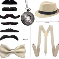 Grå 1920-tals herr beige färg Maskerad tillbehör Gangster Flapper Set Great Gatsby Kostym Kit 1920-tal med Trilby Hatt Mustasch elastiska hängslen> Tillbehör