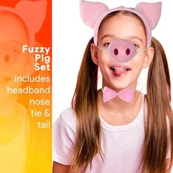 Griskostymtillbehör Set - Rosa fluffiga grisöronpannband, fluga><noscript><img width=
