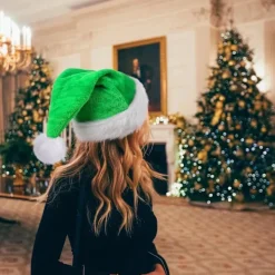 Grön tomteluva i velour, lyxig julhatt för vuxna, tomteluvor för kvinnor och män, tomteluvor, juldekoration> Huvudbonader