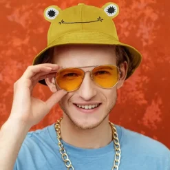 Groda hatt för vuxna tonåringar, söt groda hinkhatt, bomull hinkhatt rolig hatt hinkhatt män kvinnor (gul)><noscript><img width=