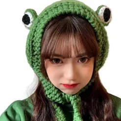 Groda pannband hatt söt virkad stickad pannband utomhus stora ögon groda mössa öronlappar> Huvudbonader