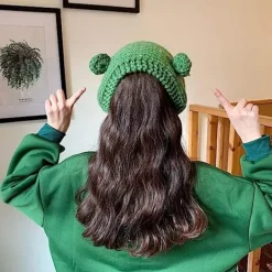 Groda pannband hatt söt virkad stickad pannband utomhus stora ögon groda mössa öronlappar><noscript><img width=