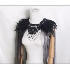 Halloween Fjäder Cape Svart Päls Krage Mesh Cape Midi Kjol Scenkostym Knappar><noscript><img width=