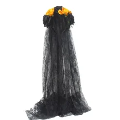 Halloween Hårband för Kvinnor Svart Slöja Spetshårband Blommor Catrina Party Huvudbonad Spökbrud Dekorationer (Svart + Gul)> Huvudbonader