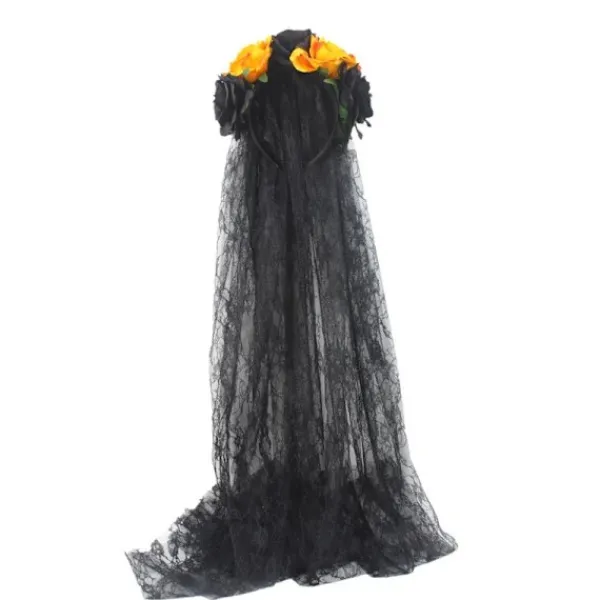 Halloween Hårband för Kvinnor Svart Slöja Spetshårband Blommor Catrina Party Huvudbonad Spökbrud Dekorationer (Svart + Gul)> Huvudbonader