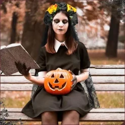 Halloween Hårband för Kvinnor Svart Slöja Spetshårband Blommor Catrina Party Huvudbonad Spökbrud Dekorationer (Svart + Gul)><noscript><img width=