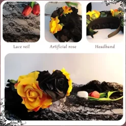 Halloween Hårband för Kvinnor Svart Slöja Spetshårband Blommor Catrina Party Huvudbonad Spökbrud Dekorationer (Svart + Gul)><noscript><img width=
