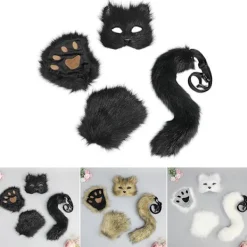 FJORD Halloween Katter Vargdräkt för Barnfödelsedagsfest, Halloween Rävar Utklädningsdräkt Inkluderar Rävmask, Svans, Handske Vit> Tillbehör