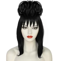 Halloween Kvinnor Lydia Deetz Cosplay Peruk Rollspel 45CM Svart Syntetiskt Rakt Hår Cosplay Peruk för Halloween Karnevalsfest><noscript><img width=