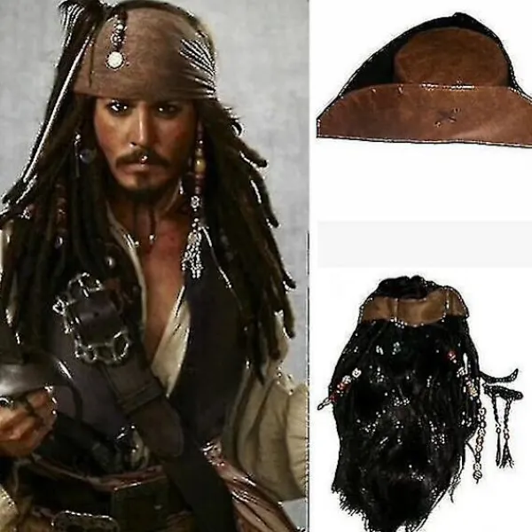 Halloween Maskeradkostym för Män Vuxen Pirat Kapten Jack Sparrow Peruk Hatt Pirates of the Caribbean Cosplay Tillbehör> Huvudbonader