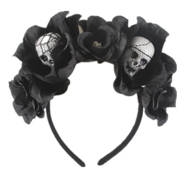 Halloween Rosé Slöja Huvudband Dödskalle Hårband Svart Blomma Krona Dödsdagens Huvudbonad Gotisk Kostymtillbehör (2-Dödskalle Hårband)> Huvudbonader