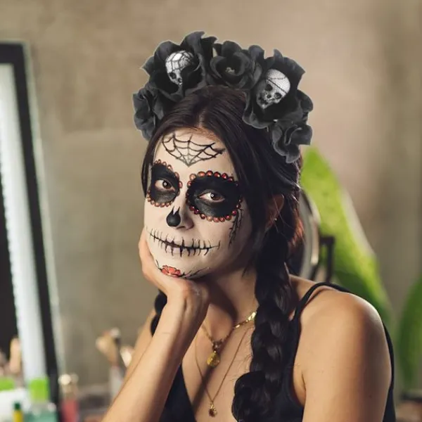 Halloween Rosé Slöja Huvudband Dödskalle Hårband Svart Blomma Krona Dödsdagens Huvudbonad Gotisk Kostymtillbehör (2-Dödskalle Hårband)> Huvudbonader