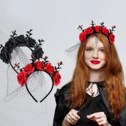 Halloween Rosblommig Huvudband med Slöja för Kvinnor Festlig Party Cosplay Kostym Huvudbonad> Huvudbonader