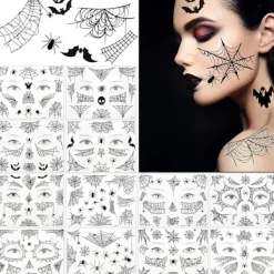Halloween Spindel Ansikts Tatueringar Spindelnät Tillfälliga Tatueringar Axlar Arm Rygg Kroppskonst Dekal, 12 Ark> Smink
