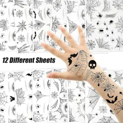 Halloween Spindel Ansikts Tatueringar Spindelnät Tillfälliga Tatueringar Axlar Arm Rygg Kroppskonst Dekal, 12 Ark> Smink