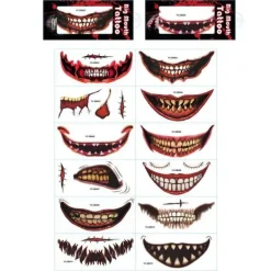 Halloween Tatuering Klistermärken 10ST Clown Skräck Mun Tatuering Klistermärken Dekal, Halloween Temporära Tatueringar Ansikte Kropp Smink{TL}> Smink