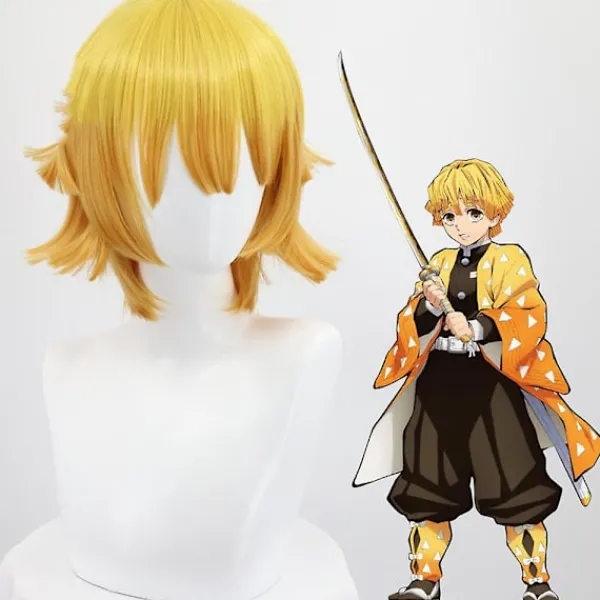 Halloweenfest Demon Slayer Agatsuma Zenitsu Cosplay Party Kostym Outfits Anime Set Gåvor One Size - Wig> Peruker